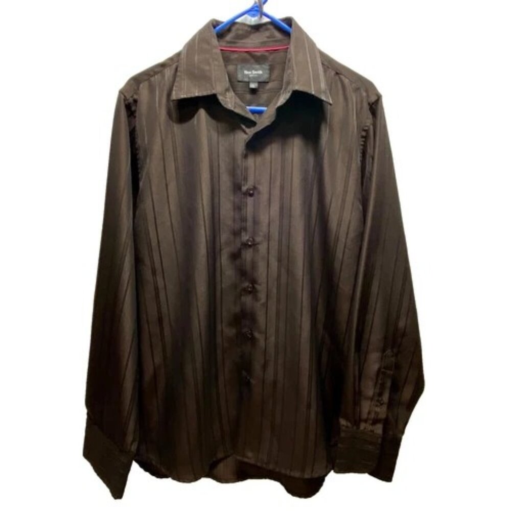 Ben Smith Shirts Men's Large Brown Tonal Stripe Oxford Button Up Dress Shirt EUC